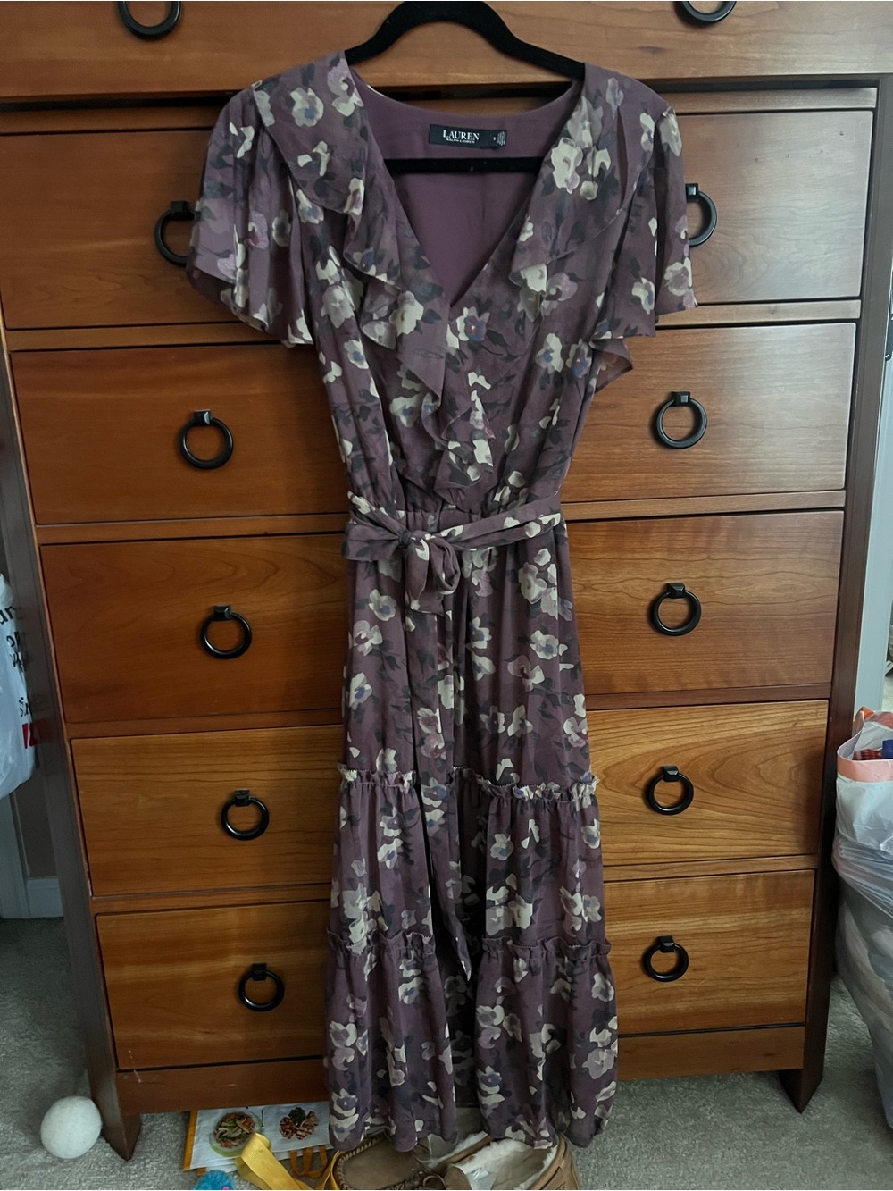 Ralph Lauren Mauve Floral Ruffle Wrap Maxi Dress